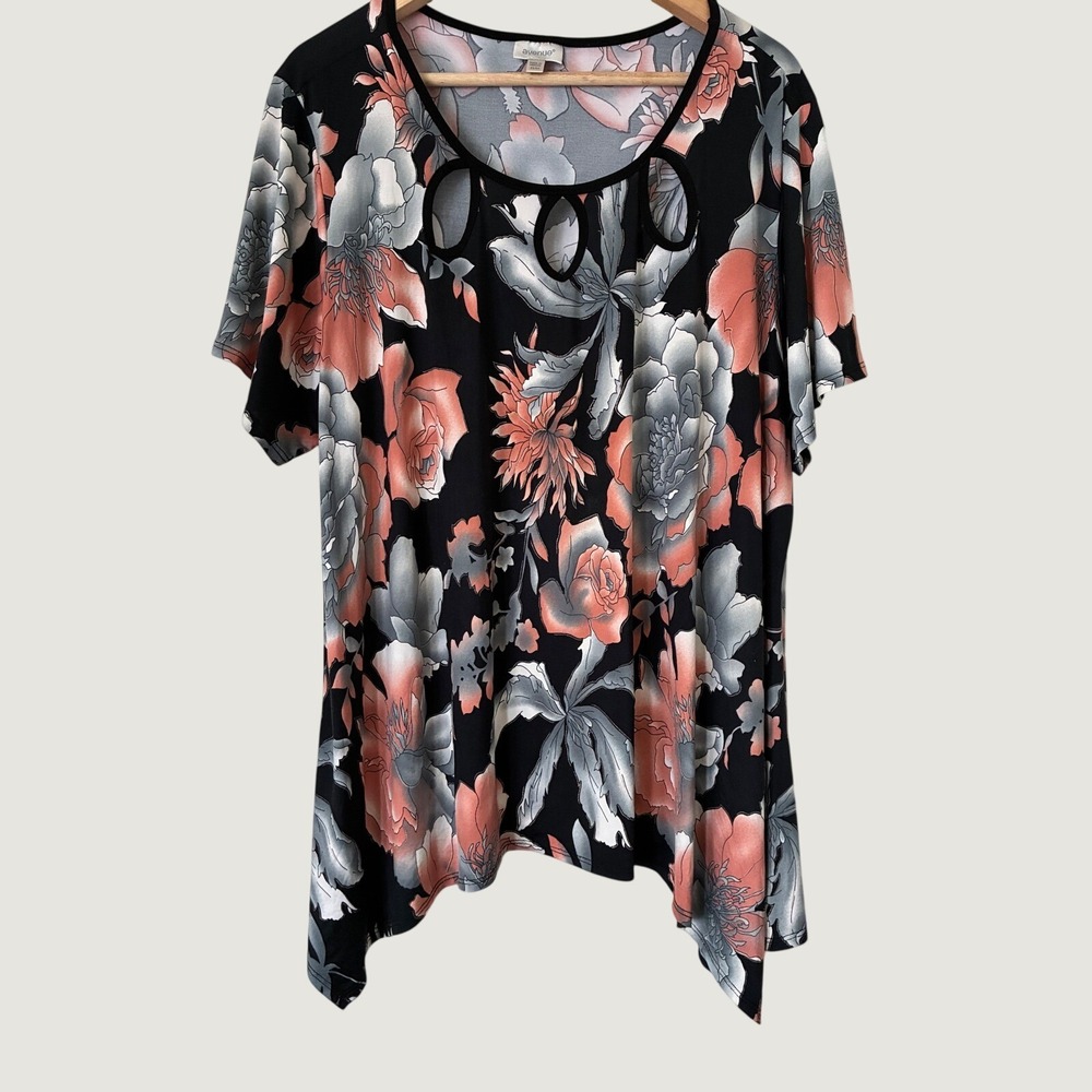 Avenue Fairycore Plus Sz 22/24 Floral Cutout Neck Sharkbite Hem Tunic Top Black